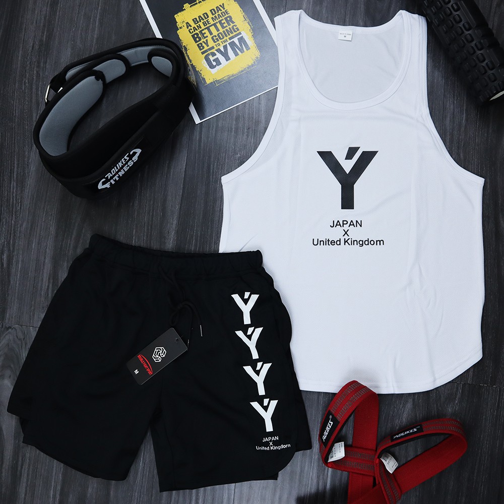 Bộ quần áo tập gym nam YT quần short + Áo tank top nam mặc đi tập chất vải thun lưới thoáng mát