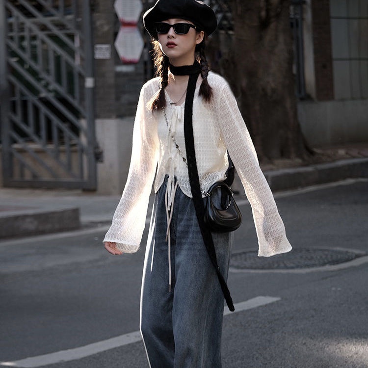 Áo Cardigan Cổ Chữ V Phối Ren Mỏng Thời Trang Mùa Hè Mới 2022 Cho Nữ