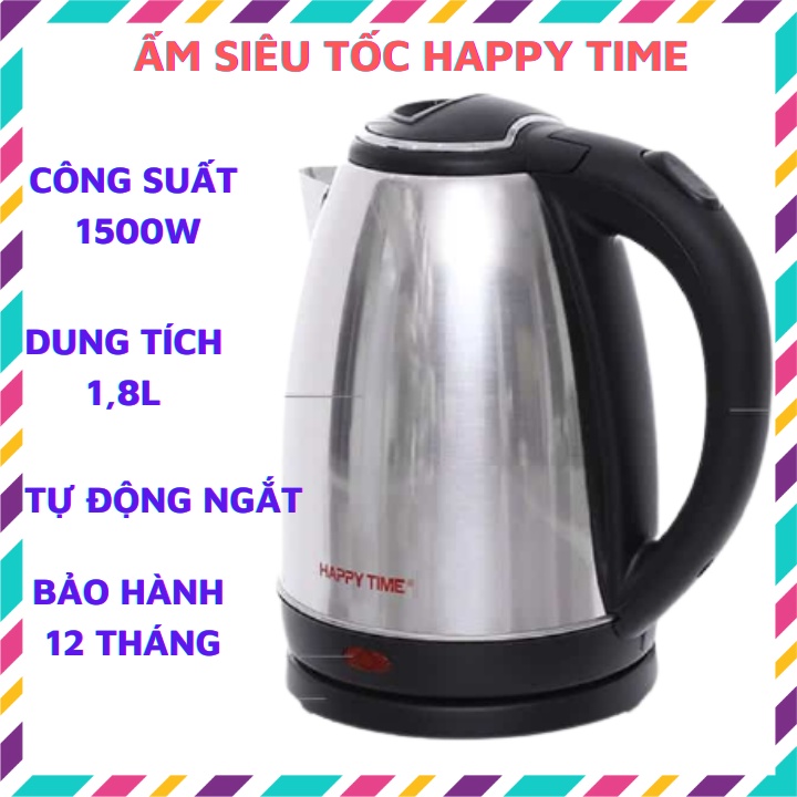 Ấm nước siêu tốc Happy time 1,8l Bình đun siêu tốc inox cách nhiệt HTD1081