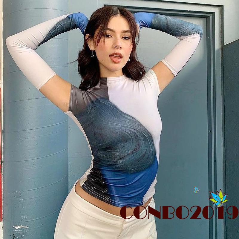 Áo Thun Lửng Tay Ngắn In Họa Tiết Trừu Tượng Thời Trang Cho Nữ