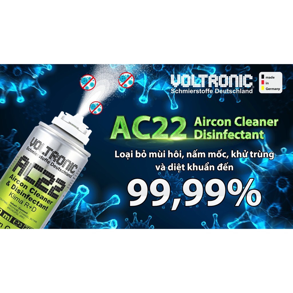 Xịt khử trùng, khử mùi hôi bên trong ô tô Voltronic AC22 Aircon Cleaner And Disinfectant 150ml chamsocxestore