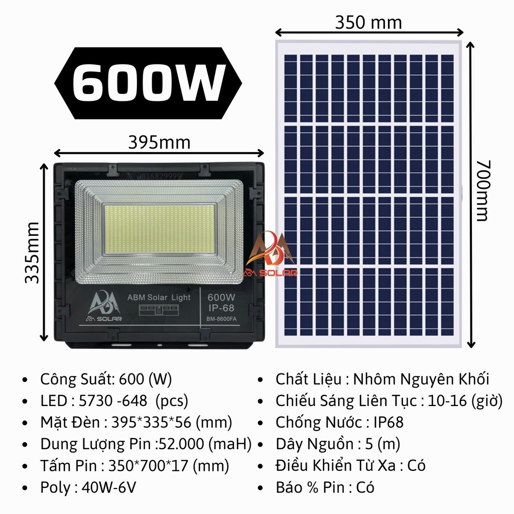 Đèn Năng Lượng Mặt Trời, Đèn Pha Chiếu Sáng Trong Nhà, Công Suất 600W, IP68 Chống Nước, Cao Cấp - ABM SOLAR