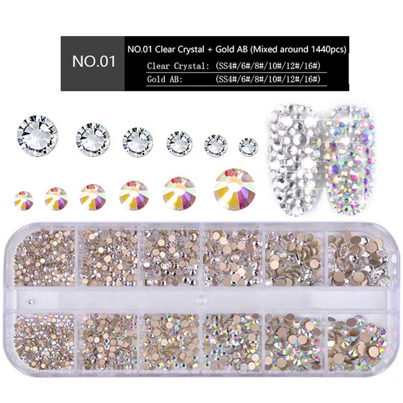 1440 Pcs/ Box 3D Rhinestones Nail Art Decoration/ Mixed Colors Nail Flat Diamond Stickers/ DIY Crystal Glitter Manicure Charms