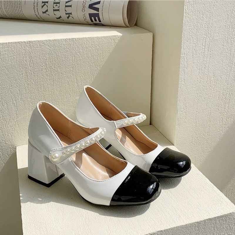 Giày cao gót da bóng mũi tròn phong cách Hàn Quốc