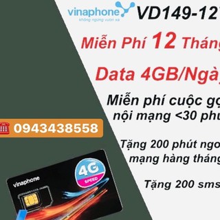 [HN - Ship Hỏa Tốc] SIM 4G VINA VD149 TRỌN GÓI 12 THÁNG KHÔNG NẠP TIỀN120GB/THÁNG DATA TỐC ĐỘ CAO