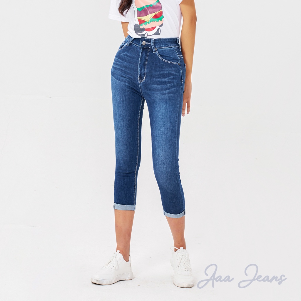 Quần Jean Nữ Xắn Gấu Skinny Aaa Jeans Lưng Cao Ocean Blue