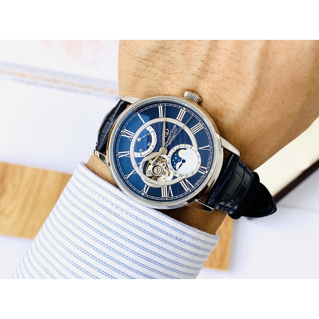 Đồng hồ nam chính hãng Orient Star Moon phase Blue RE-AM0002L00B - Máy cơ tự động - Kính Sapphire