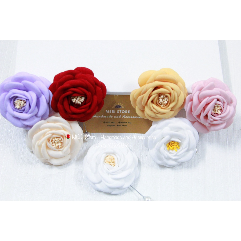 Hoa cài áo handmade MEBI Store mẫu hoa cánh tròn nhụy tim chùm 7 màu hoa nobox