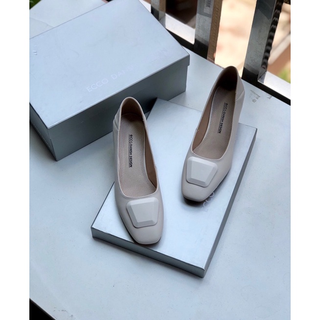 Giày búp bê mũi vuông gót cao 3cm thương hiệu Ecco da thật cao cấp màu đơn giản dễ phối đồ