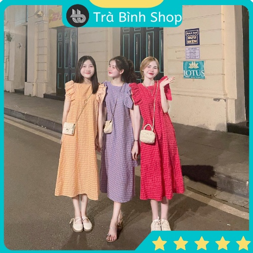 Váy suông dáng dài kẻ caro tay cánh tiên bầu bí bon chen thoải mái, đầm suông form rộng họa tiết kẻ caro tay cánh tiên