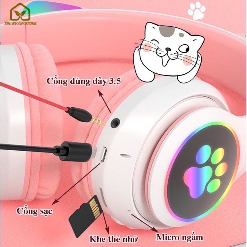 ✔𝑪𝑯𝑰́𝑵𝑯-𝑯𝑨̃𝑵𝑮✔ Tai Nghe Mèo Bluetooth Cao Cấp, Có Led Đổi Màu , Không Dây , Headphone Có Mic , Âm Bass , Chống Ồn