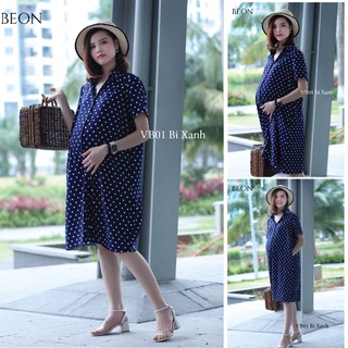 Áo bầu công sở, váy bầu công sở, đầm bầu công sở thiết kế dáng suông chấm bi, cúc thật đóng mở, váy bầu mùa hè