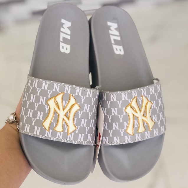 Dép unisex 𝐌𝐋𝐁 𝗡𝗬 ❤️FREESHIP + Hộp❤️ dép mlb quai ngang thể thao nữ Thêu nỗi NY-NY full xám, D.GV-full-xám