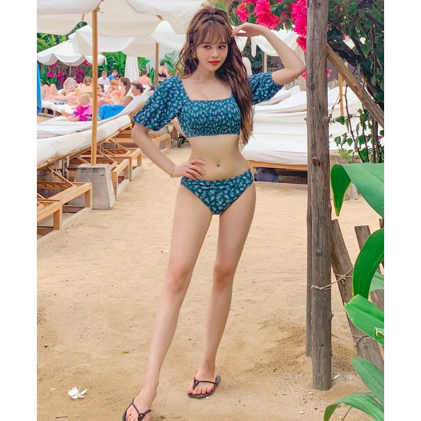 Bikini cổ vuông tay phồng hot trend nhún ngực hàng Quảng Châu - Xanh retro