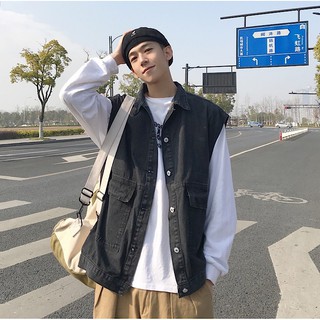 Korean-Style Men's Loose Fit Distressed Denim Vest in Retro Wash Light Blue