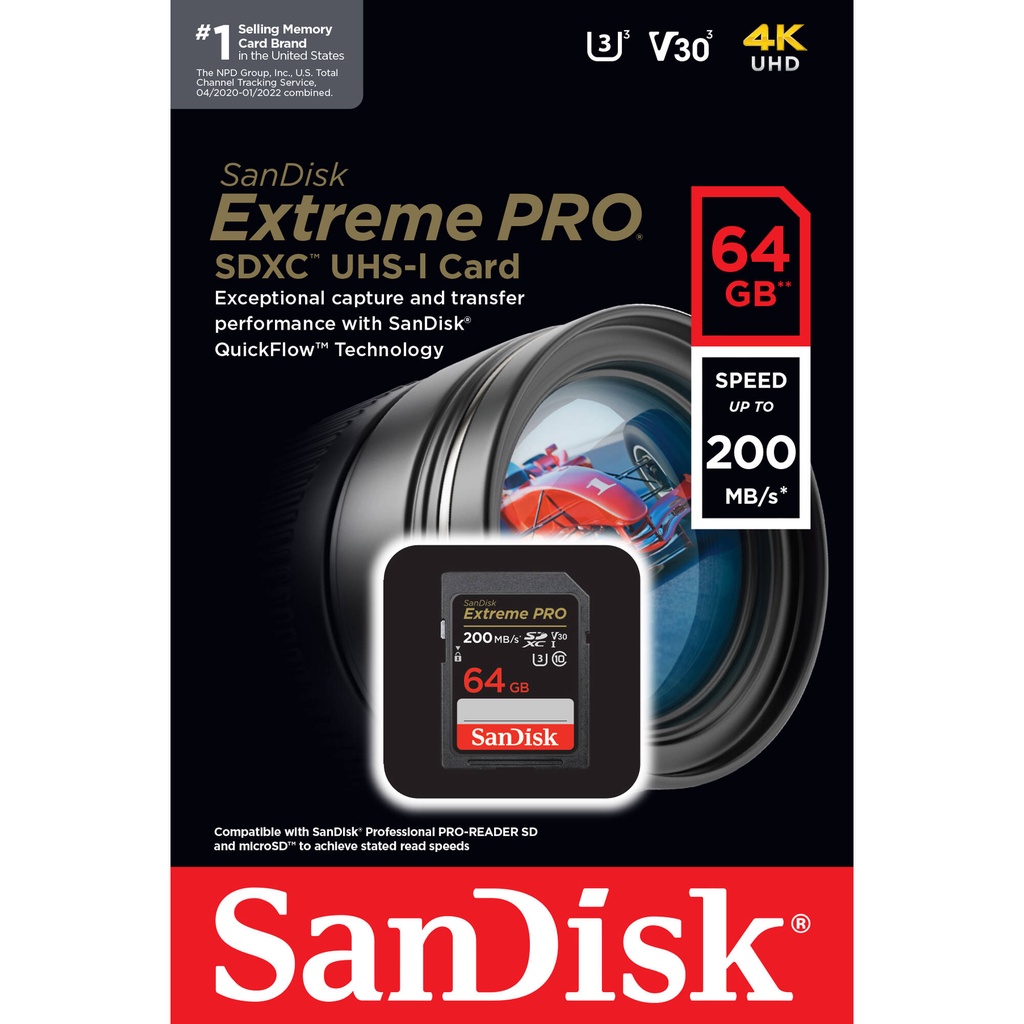 Thẻ nhớ SDXC SanDisk Extreme PRO 64GB UHS-I U3 4K V30 200MB/s 170MB/s (SDSDXXY-064G-ANCIN)