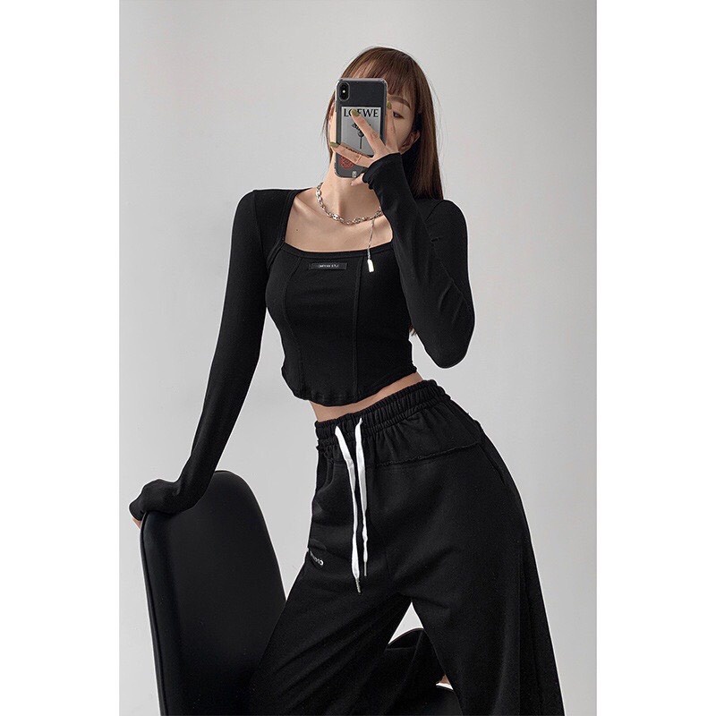 Áo croptop CỔ VUÔNG LOGO TAY DÀI nữ, crt ôm body đen trắng