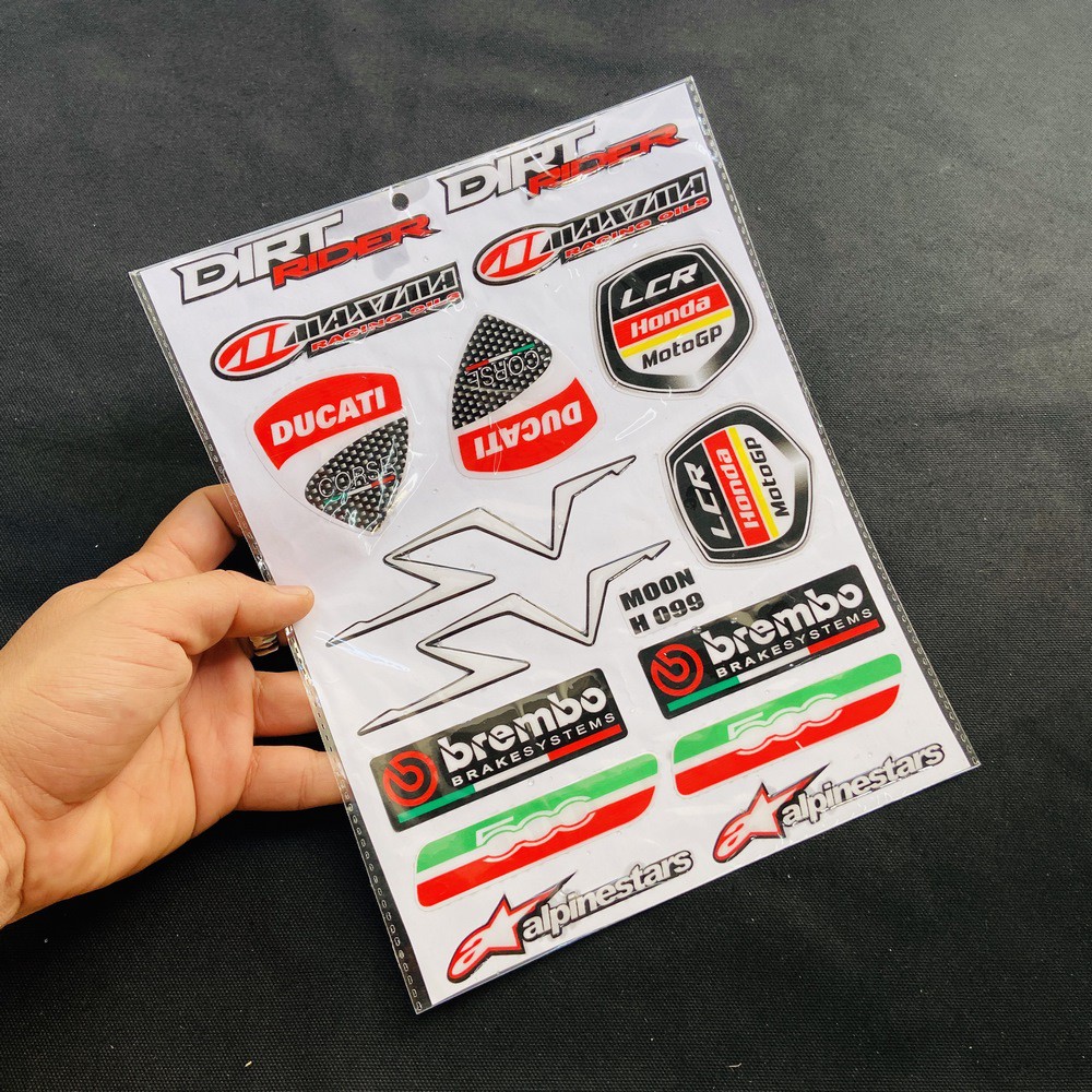 TẤM TEM DẬP NỔI NHIỀU LOGO CÁC HÃNG XE MẪU KTM, PIRELI, PUMA, MOTUL...TRANG TRÍ XE SIÊU CHẤT
