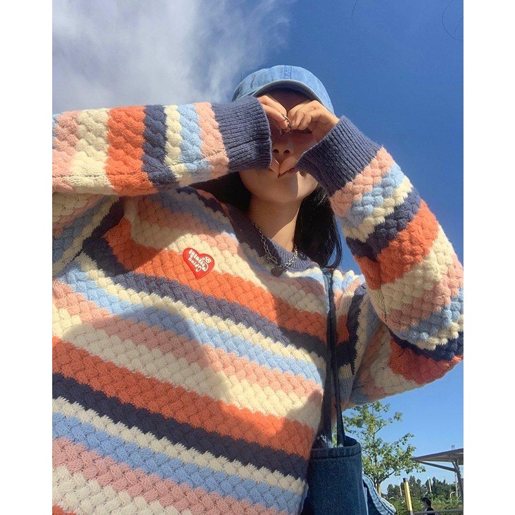 Áo sweater dệt kim dáng rộng họa tiết kẻ sọc phong cách retro
