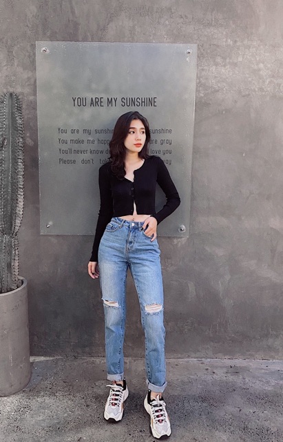 Quần SX BAGGY rách và Áo Croptop LEEVE TOP - Áo Color Top tay dài