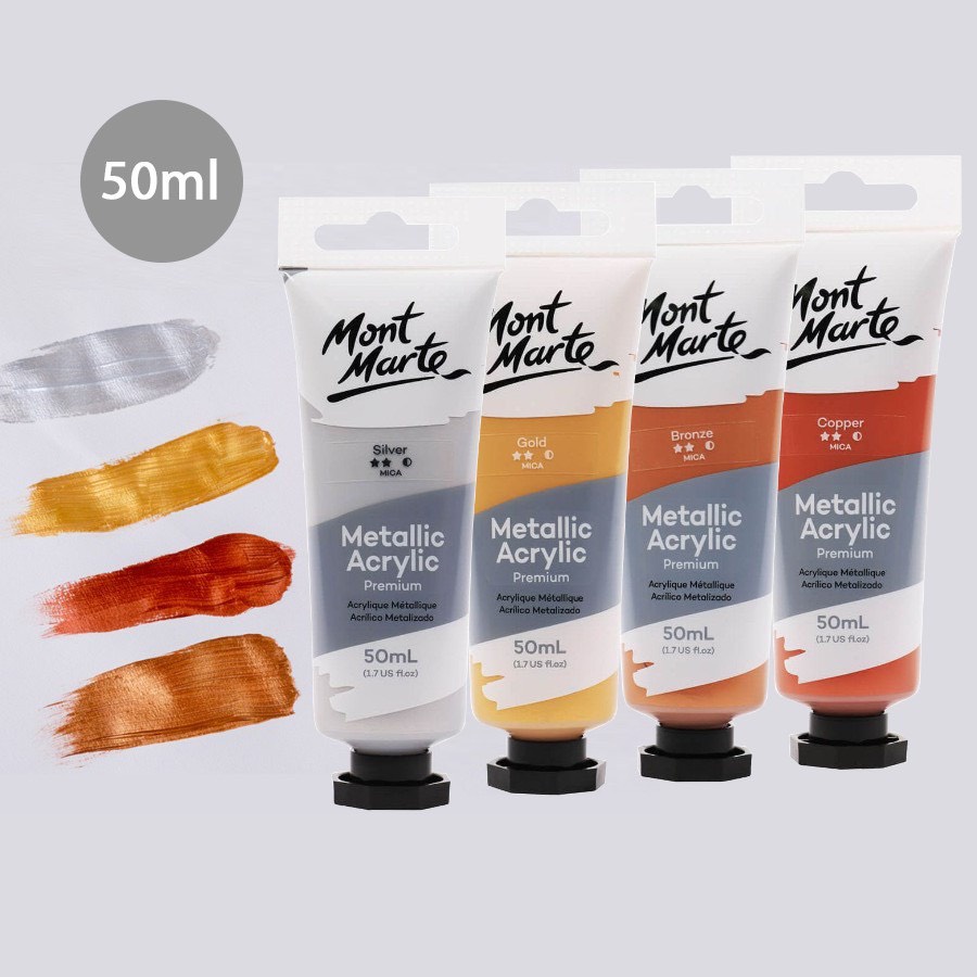 [Màu lẻ] Màu Nhũ Metallic Acrylic Mont Marte 50ml - Silver/ Gold (Màu Nhũ đồng/Nhũ bạc)