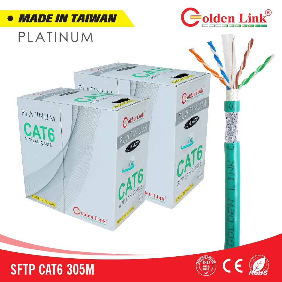 Thùng cáp mạng LAN SFTP CAT 6 Golden Link Platinum Taiwan chống nhiễu màu xanh lá (305M)