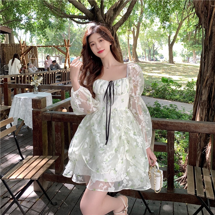 Đầm Tay Dài Phối Lưới Họa Tiết Hoa Xinh Xắn Thời Trang Mùa Hè