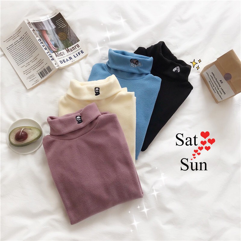 áo nỉ bông lông cừu nữ cao cổ thêu gấu siêu ấm SatSun | BigBuy360 - bigbuy360.vn