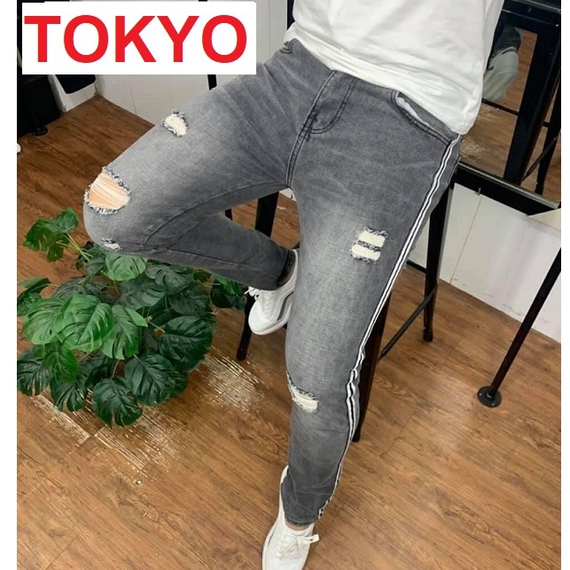 QUẦN JEAN NAM RÁCH MÀU XÁM CHẤT BÒ PHỐI SỌC HÀN QUỐC KJ333 TOKYOSHOP