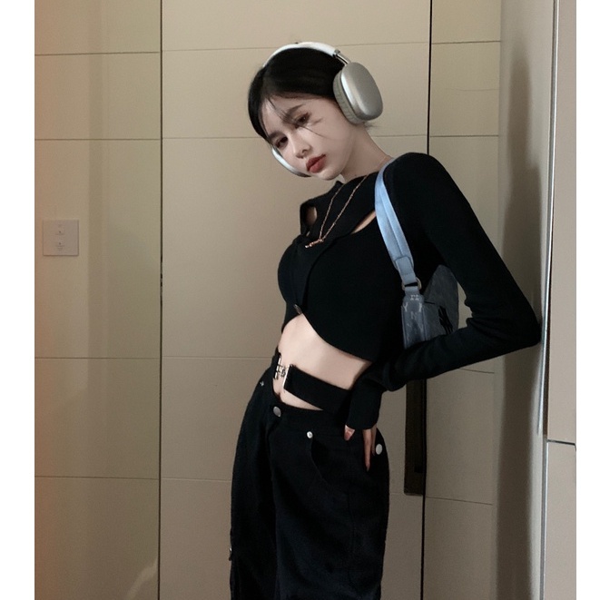 Porozi  Áo dệt kim  dài tay dáng ôm ngắn phong cách thời trang Hàn Quốc cho nữ