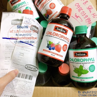 Nước Uống Diệp Lục Swisse Chlorophyll 500ml vị dâu mix berry, vị bạc hà - Đủ bill Chemist