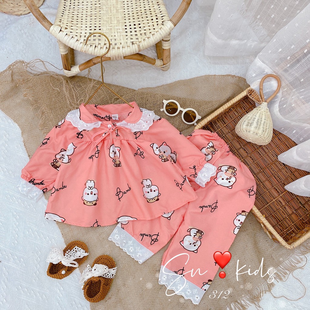 Bộ Pijama dài tay phối ren điệu đà, Họa tiết động vật chất liệu KATE dành cho bé gái từ 10-22kg