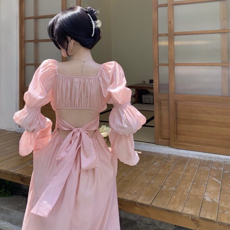 Đầm Váy Nữ Mặc Tết Dáng Dài, Tay Dài, Hở Lưng Buộc Nơ Sau 2 Màu