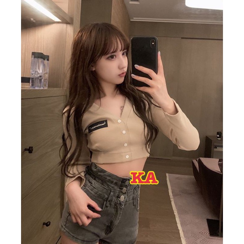 áo croptop cổ v thêu phiên bản dài tay