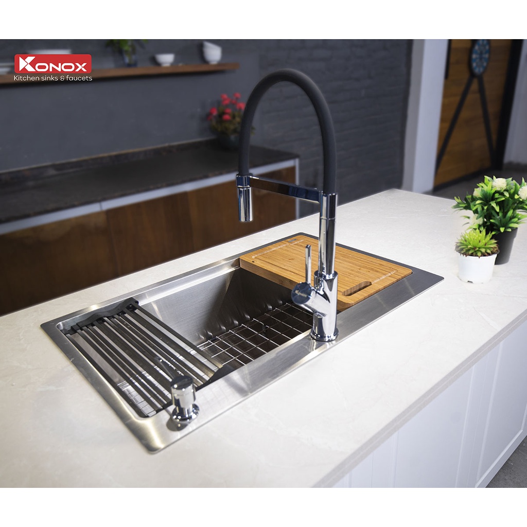 Chậu rửa bát cao cấp KONOX Topmount Series KN8050TS, inox 304AISI, full set gồm Siphon+Thớt gỗ+Rollmat