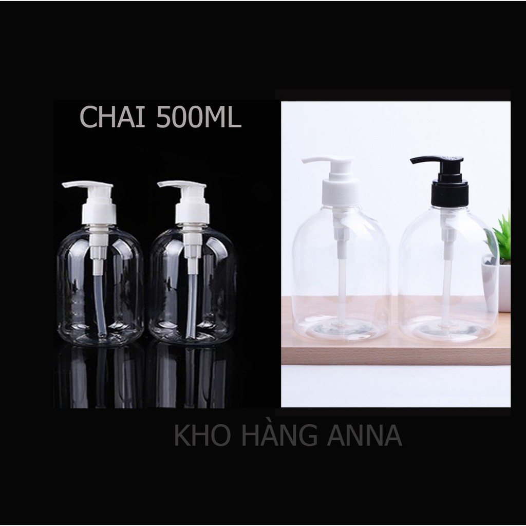 CHAI NHỰA TRONG SUỐT/ Trắng/ NÂU/ Xanh 500ML  - Bình CHIẾT MỸ PHẨM NẮP VÒI NHẤN / nắp Bật Đen, Nắp Nhôm