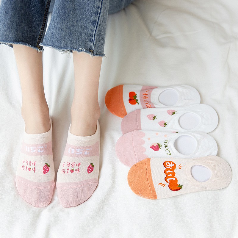 WAFNHA D270 Vớ Cotton Cổ Thấp Chống Trượt In Họa Tiết Dâu Tây Hồng