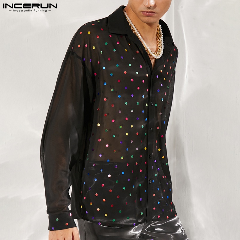 INCERUN Áo Sơ Mi Nam Dài Tay Cài Nút Họa Tiết Chấm Bi Thông Minh Trang Trọng