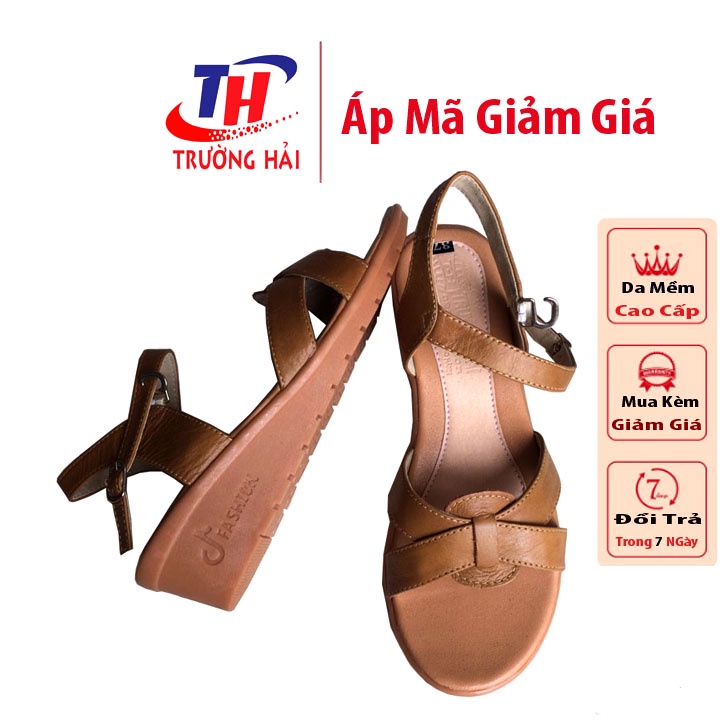 Xăng đan nữ đế bằng cao 5cm Trường Hải da bò thật mềm mại Màu Đen đế Kếp mềm không trơn DX085