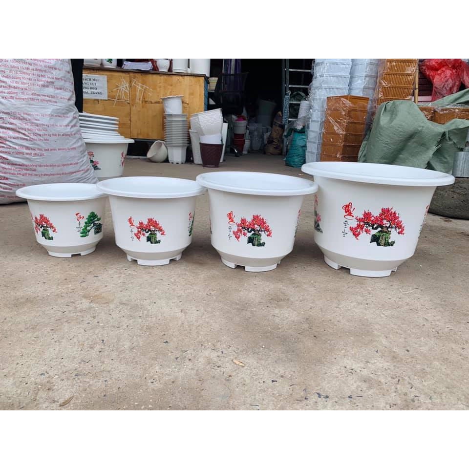 (36x25cm) Chậu nhựa tròn đứng có chân in họa tiết 3D không phai loại dày, đẹp, sắc nét
