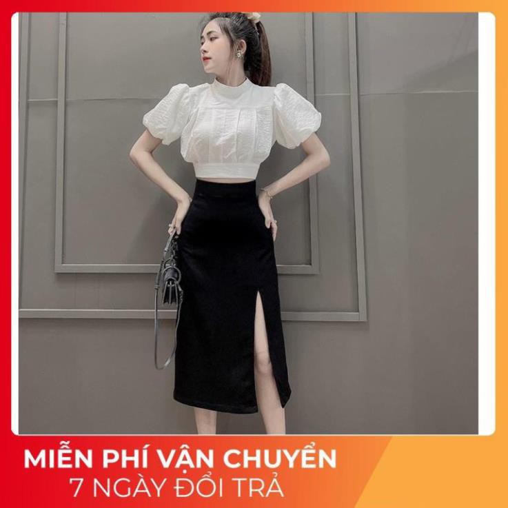 [ 𝐅𝐑𝐄𝐄 𝐒𝐇𝐈𝐏 ] Set Tay Bồng Buộc Nơ Eo Mix Chân Váy Xẻ