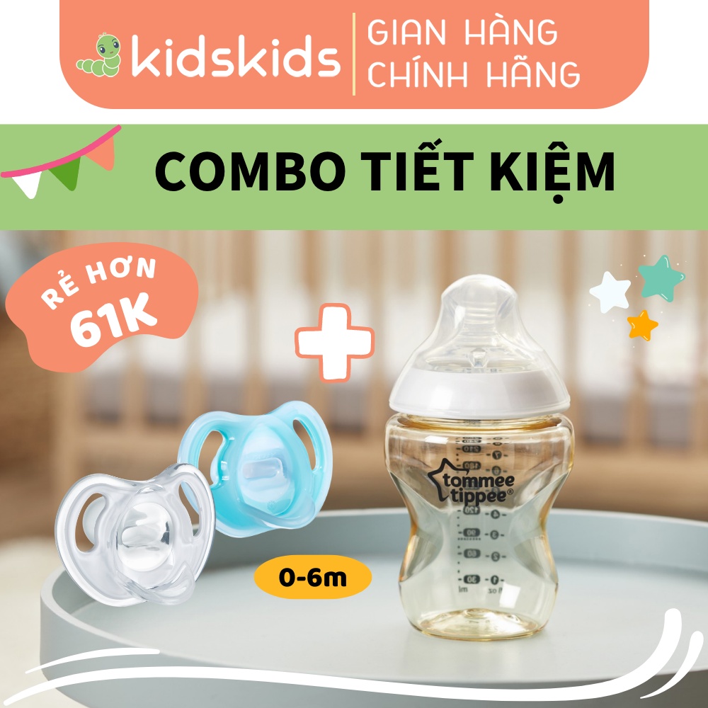 COMBO Ty ngậm silicon siêu nhẹ Tommee Tippee Ultra Light 0-6 tháng (vỉ đôi) &amp; Bình sữa PPSU siêu mềm tự nhiên