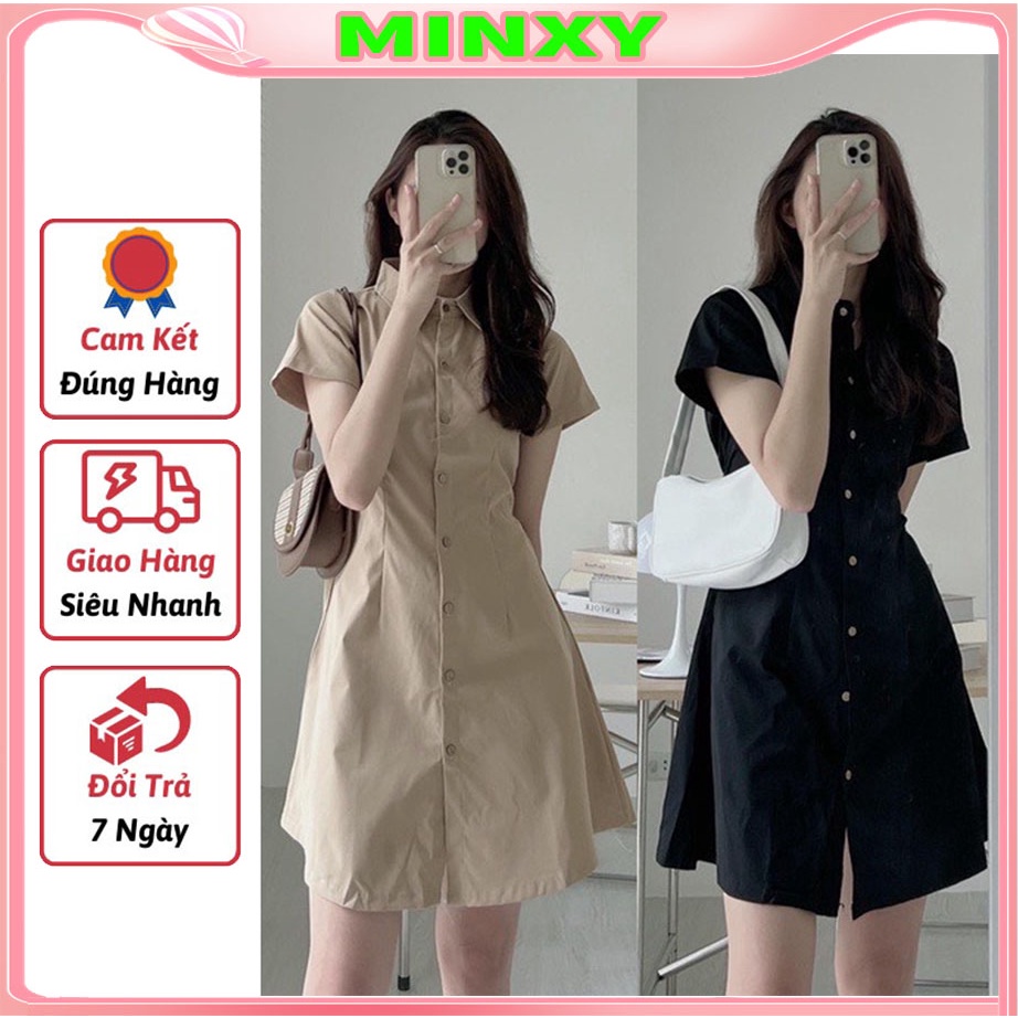Váy cổ đức đầm cúc dừa chun sau,maxi dáng hơi A có chun sau eo định hình-Minxy