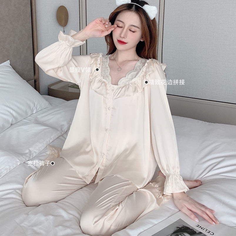Đầm Ngủ Dài Tay Màu Trơn Phối Ren Thoải Mái Phong Cách Pháp Mới