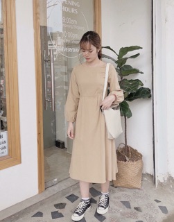 Đầm midi trơn tay bo (kèm hình thật)
