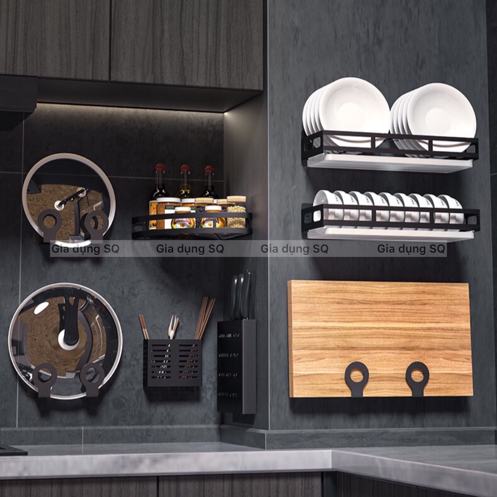 Bộ kệ nhà bếp dán tường inox Sơn tĩnh điện màu đen gồm kệ gia vị, kệ chén, giá để dao, kệ để thớt, móc treo muỗng | BigBuy360 - bigbuy360.vn