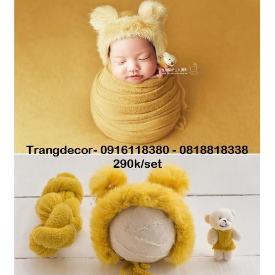 Khăn quấn newborn +gấu bông + mũ