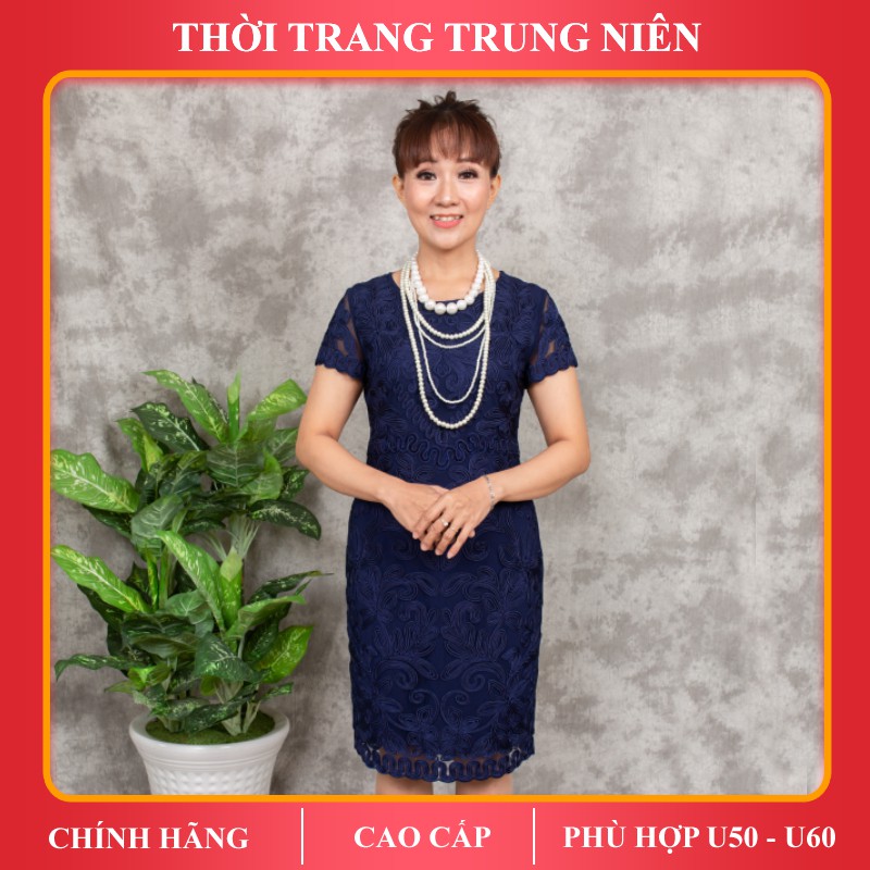 Đầm trung niên iDiva D14-15 chất liệu ren thêu nổi, dáng ôm phù hợp u50 dự tiệc sang trọng cao cấp