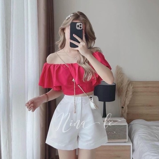 Set áo trễ vai phối bèo kèm chân váy dễ thương cho nữ đi chơi dự tiệc