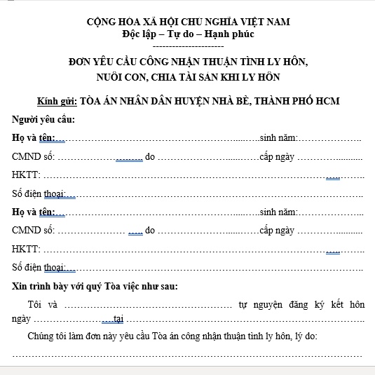 Mẫu đơn ly hôn thuận tình Tòa án huyện Nhà Bè, TP HCM + Bản hướng dẫn viết đơn ly hôn, hồ sơ ly hôn